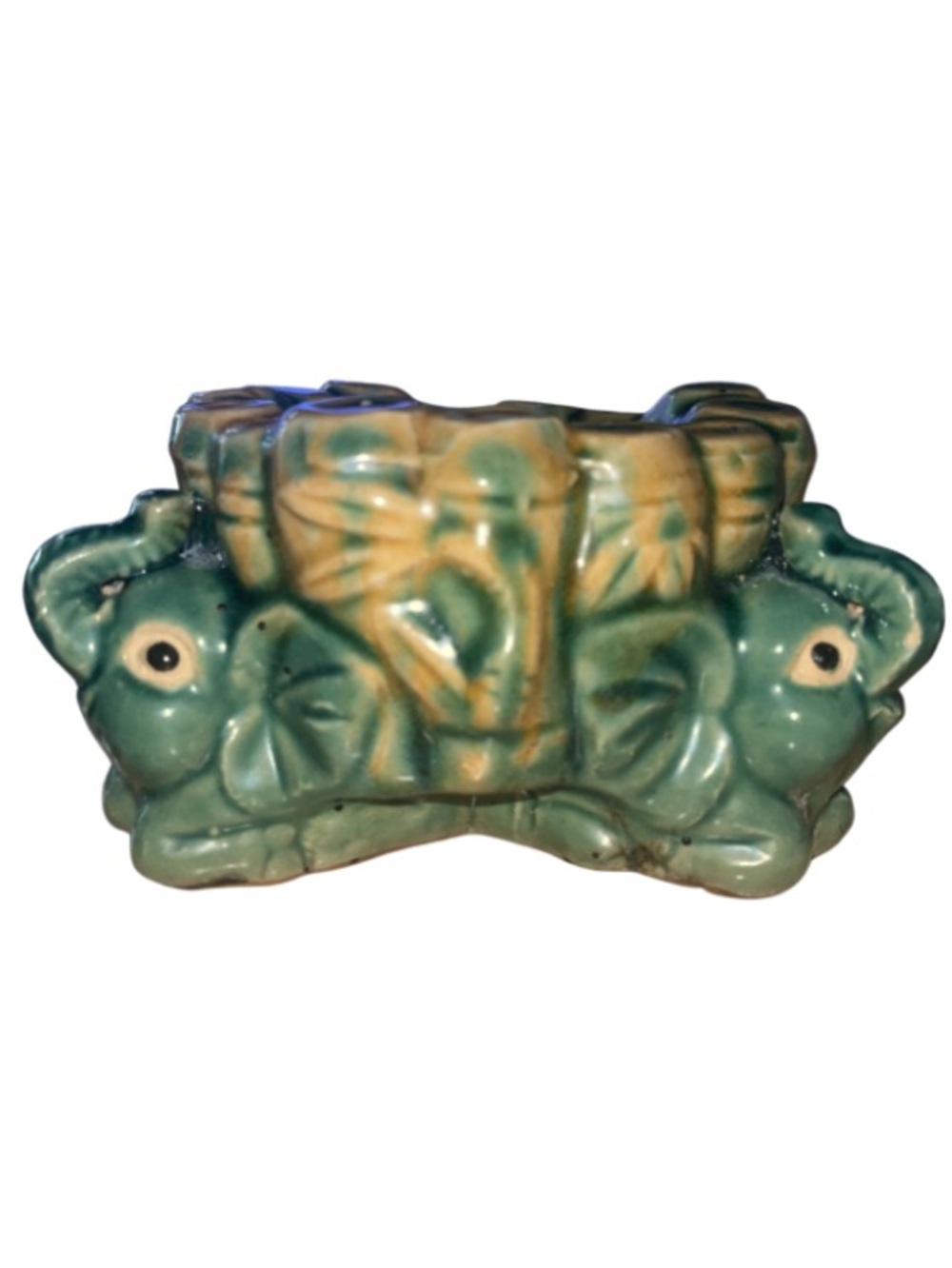 MCM Vtg. Majolica Style Green Ceramic Elephant Bamboo Planter Mid Century Lucky
